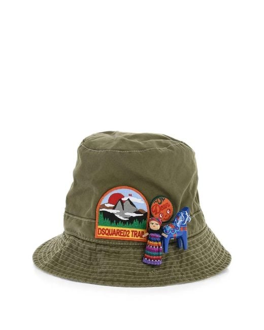 DSquared² Green Patch-Detail Gabardine Bucket Hat for men