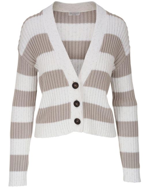 Brunello Cucinelli White Striped Ribbed-knit Cardigan