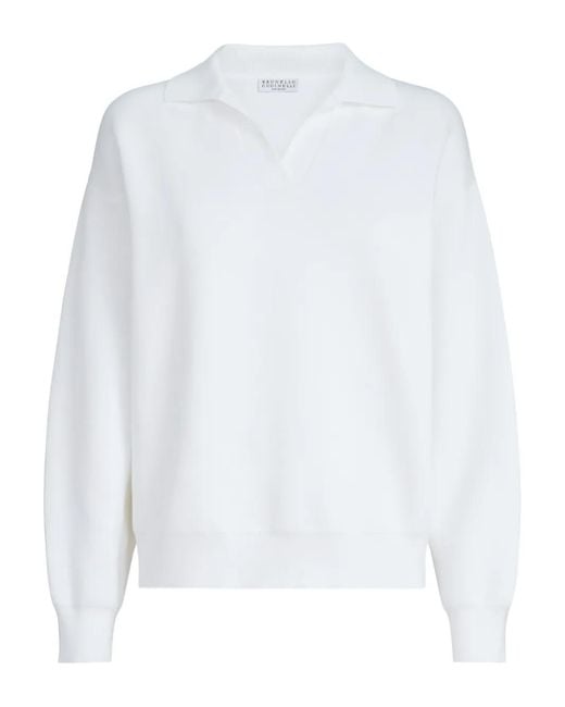 Brunello Cucinelli White Polo-Collar Sweater