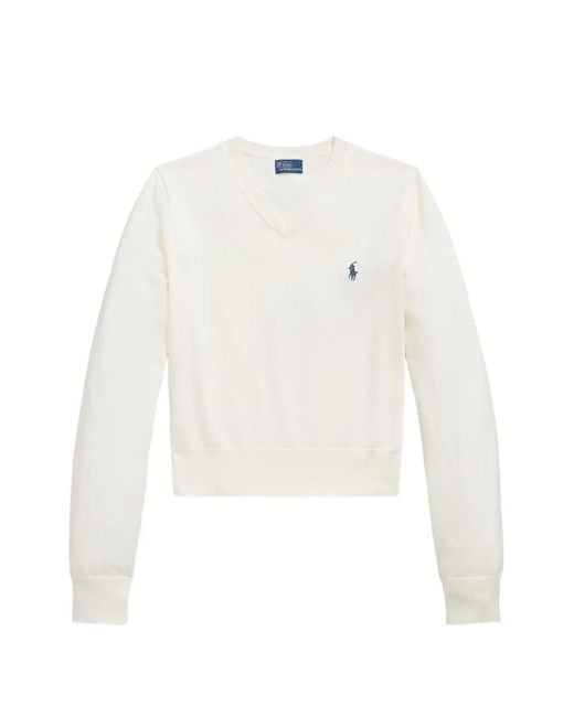 Polo Ralph Lauren White Cotton-Blend Shrunken V-Neck Jumper