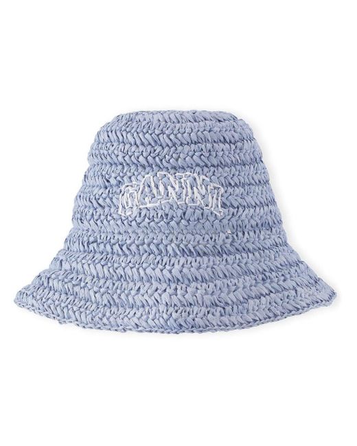 Ganni Blue Logo-embroidered Straw Bucket Hat