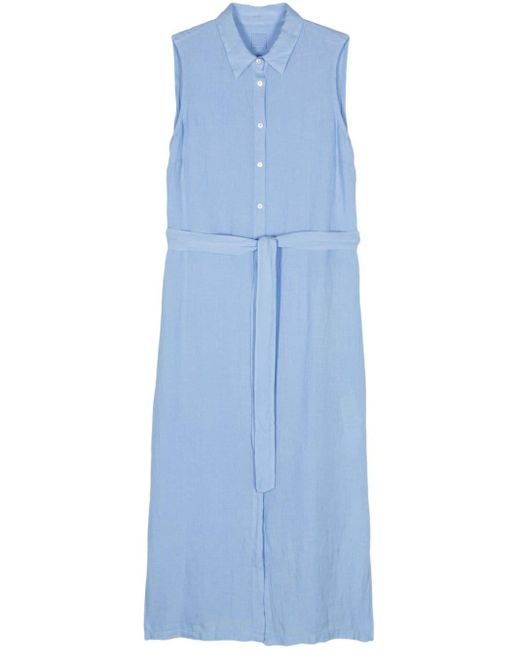 120% Lino Blue Cotton Belted Midi Dress