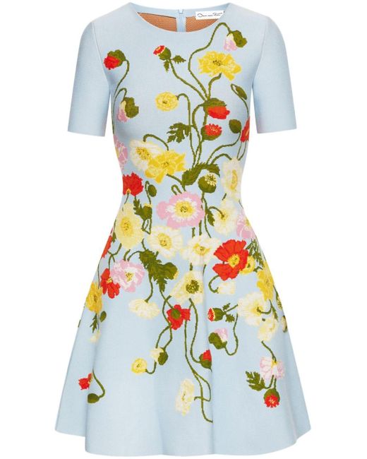Oscar de la Renta White Painted Poppies Jacquard Dress