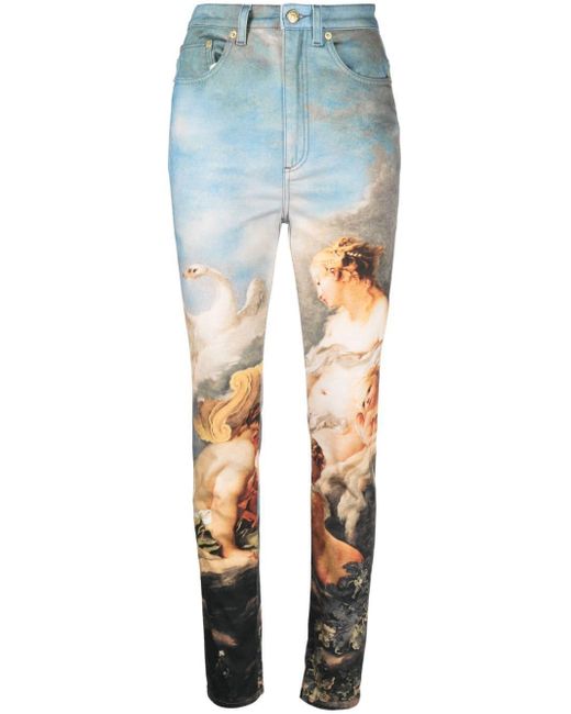 Graphic-print high-waisted skinny jeans Roberto Cavalli de color Blue