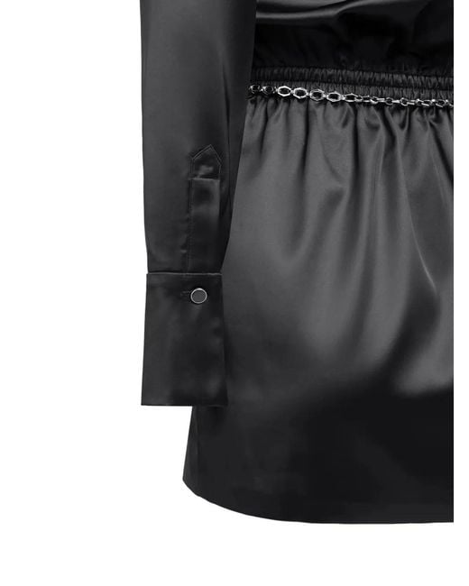 Manière De Voir Black One-Shoulder Draped Chain-Belt Satin Mini Dress