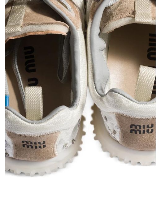 Miu Miu White Bubble Embroidered Technical Fabric And Suede Sneakers