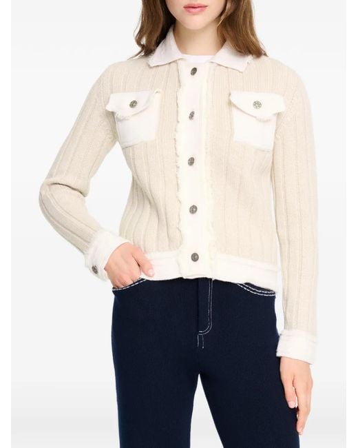 Barrie White Ribbed-Knit Frayed Cardigan