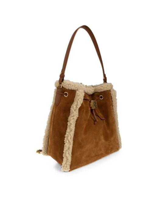 Balmain Brown Shearling-Trim Leather Backpack