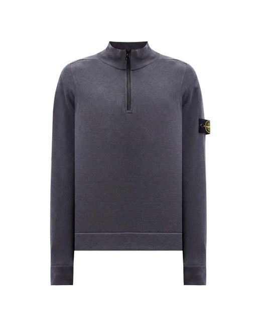Stone Island Blue Pull À Patch Logo Et Zip Partiel for men