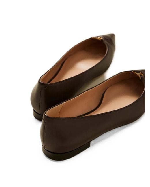 Twinset Brown Leather Ballerina Flats With Logo