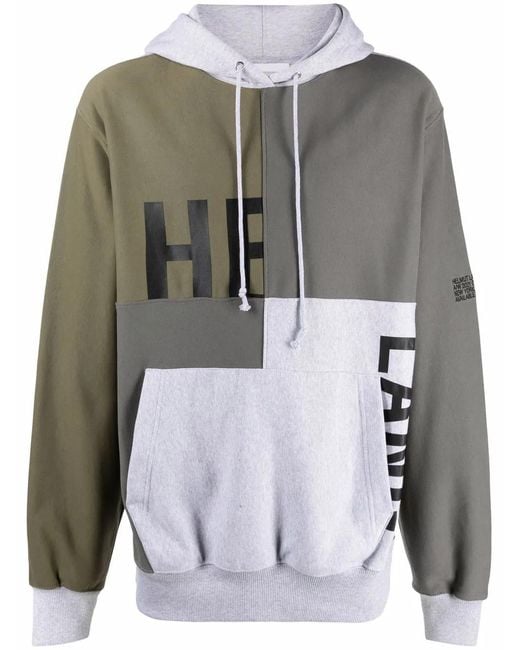 Helmut Lang Gray Patchwork Logo-Print Pullover Hoodie for men