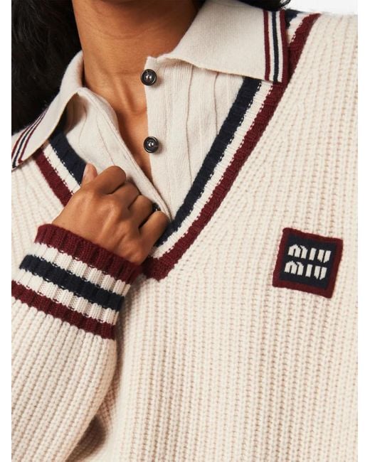 Miu Miu Natural Stripe-Trim Cashmere Jumper