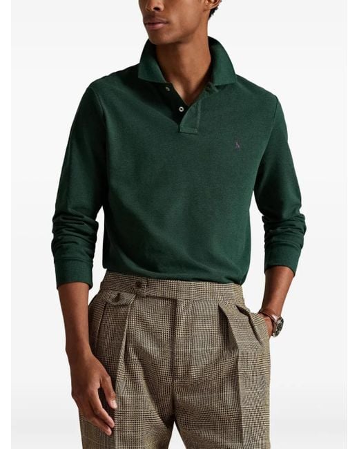 Polo Ralph Lauren Green Ribbed Polo Collar Slim-Fit Long-Sleeve Shirt With Two-Button Placket for men