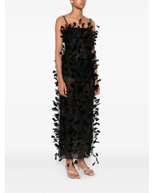Nissa Black Feather-Embellished Tulle Maxi Dress