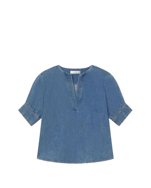 FRAME Blue V-Neck Popover Top
