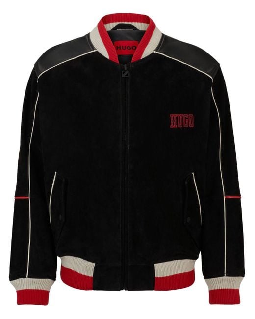 HUGO Black Logo-embellished Leather Bomber Jacket for men