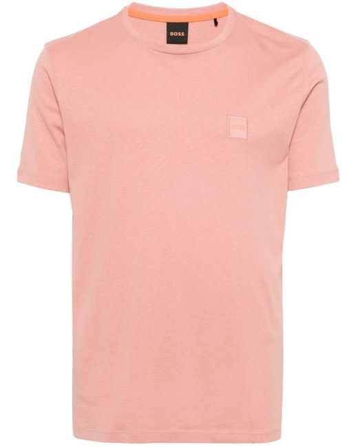 Boss Pink Embroidered-logo Cotton T-shirt for men