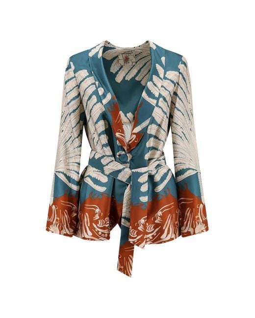 BYE Firenze Blue Palma Leaf-Print Belted Blazer