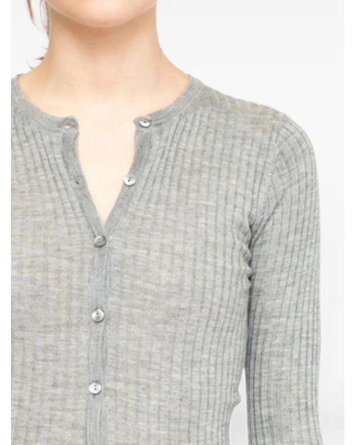 LA ROSE Gray Ribbed-Knit Cashmere Cardigan
