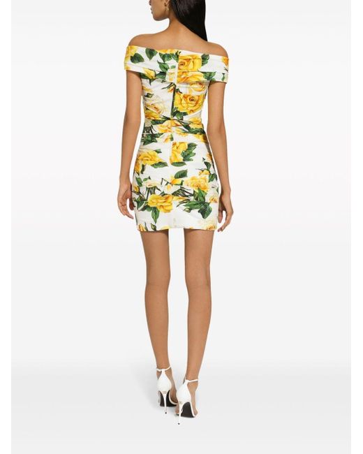 Dolce & Gabbana Yellow Schulterfreies Kleid mit Rosen-Print