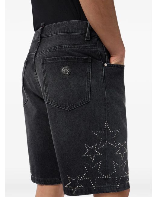 Philipp Plein Black Stars Denim Shorts for men