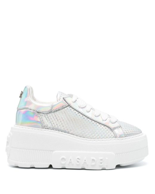 Casadei White Holographic Leather Platform Sneakers