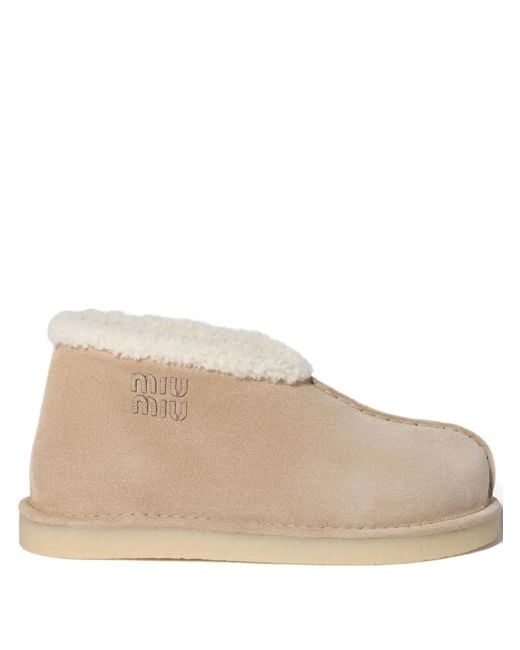Miu Miu Natural Shearling-Trimmed Suede Boots