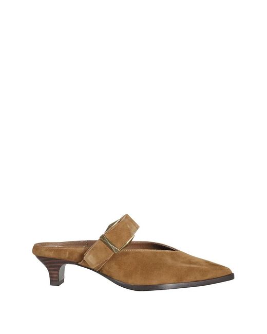 Ash Brown Tessa Buckle-Strap Pointed-Toe Mules