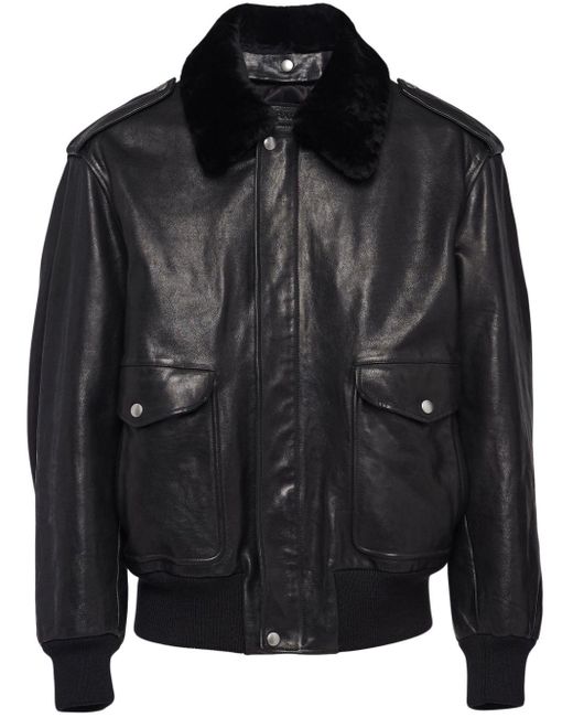 Prada Black Faux Fur-trimmed Leather Jacket for men