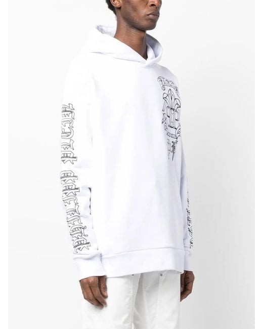 Philipp Plein White Skull-Print Logo-Embroidered Hoodie for men