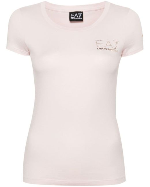 EA7 Pink Rhinestone-appliqué Logo-print T-shirt