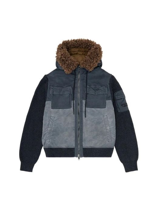 DIESEL Blue Hooded Padded Jacket With Knitted Sleeves for men