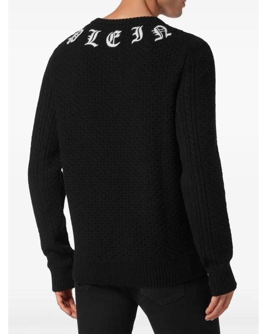 Philipp Plein Black Logo-Embroidered Cashmere Jumper for men