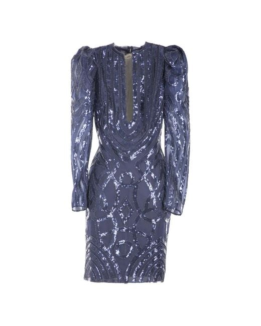 Gemy Maalouf Blue Sequin-Embellished Puff-Shoulder Dress