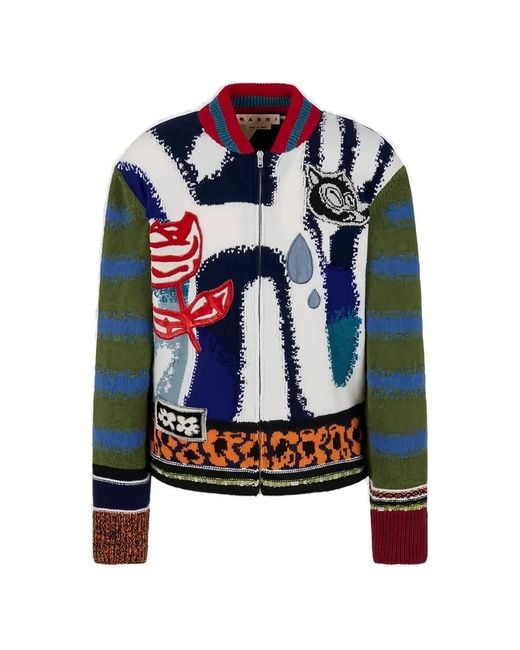 Marni Blue Graphic-Print Zip-Up Cardigan for men