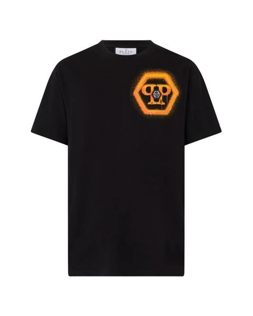 Philipp Plein Black Round Neck T-Shirt Spray Hexagon for men
