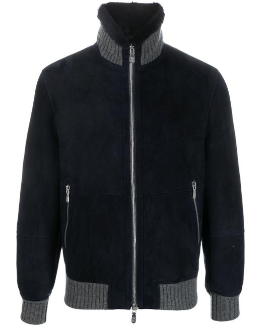 Brunello Cucinelli Black Sheepskin Bomber Jacket With Wool Details for men