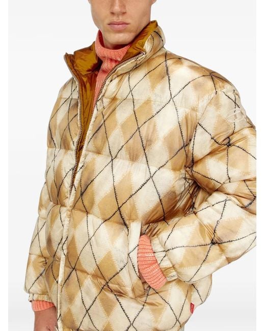 DIESEL Natural Reversible Puffer Jacket With Argyle Print for men