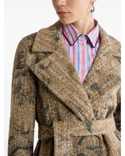 Etro Natural Bouclé Wrap Coat With Flower And Animal Motif