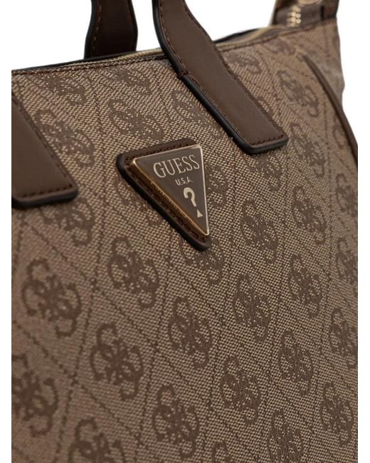 Guess Brown Follie Monogram-Print Logo-Plaque Tote Bag