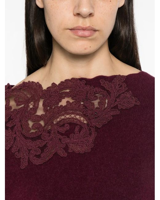 Ermanno Scervino Red Pull En Maille À Ornements En Dentelle Et Col Bateau