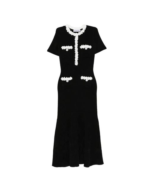 Self-Portrait Black Floral-Appliqué Ribbed-Knit Midi Dress