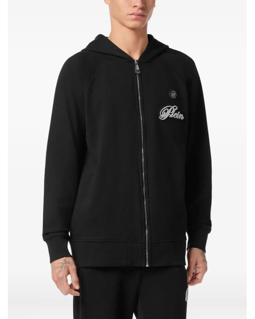 Philipp Plein Black Zip-Up Logo-Patch Hoodie for men