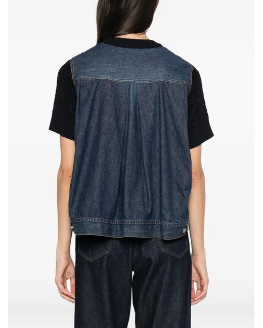 Sacai Black Cable-Knit Denim-Panel Sweater