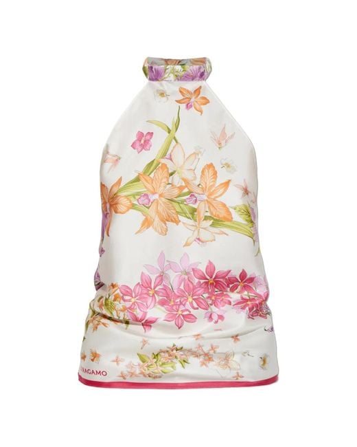 Ferragamo White Floral-Print Halterneck Top