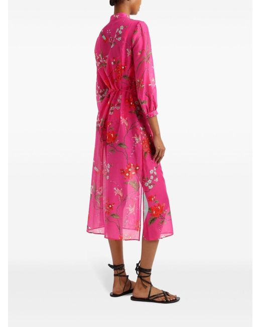 Erdem Pink Floral-print Belted Midi Dress