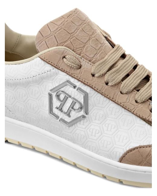 Philipp Plein White Mixed Monogram Crocodile-effect Sneakers