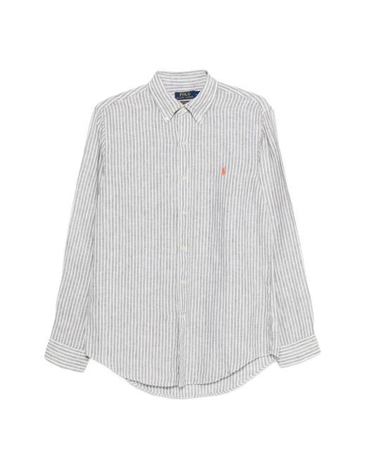 Polo Ralph Lauren White Custom Fit Striped Linen Shirt For for men