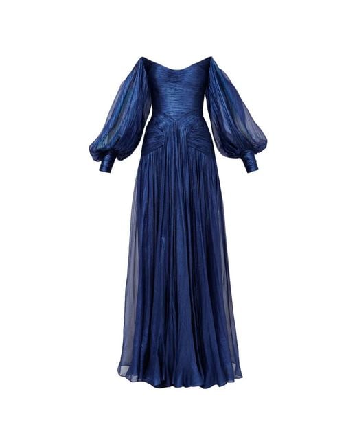 IRIS SERBAN Blue Petal Balloon-Sleeve Off-Shoulder Maxi Dress