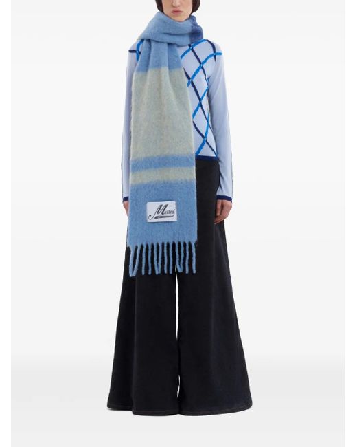 Marni Blue Fringed Brushed-Knit Scarf
